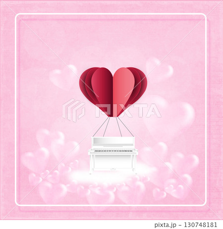 Piano is hung with a red paper heart, pink background. 130748181