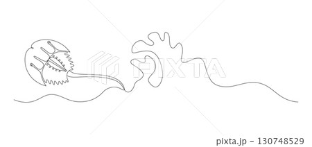 Marine armored horseshoe crab and waves, continuous drawing in one line, minimalism, abstraction, xiphosurida, biological oceanography, one line. Editable vector contour Marine armored horseshoe crab and waves, continuous drawing in one line, minimalism, abstraction, xiphosurida, biological oceanography, one line. Editable vector contour 130748529
