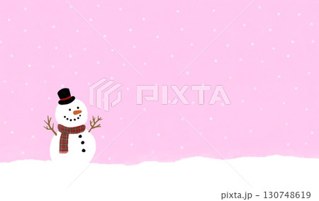 雪だるまとピンク色の背景に雪が降るガーリーな背景イラスト 雪だるまとピンク色の背景に雪が降るガーリーな背景イラスト 130748619
