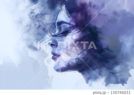 woman struggling with depression, anxiety, and mental health challenges watercolor 130748831