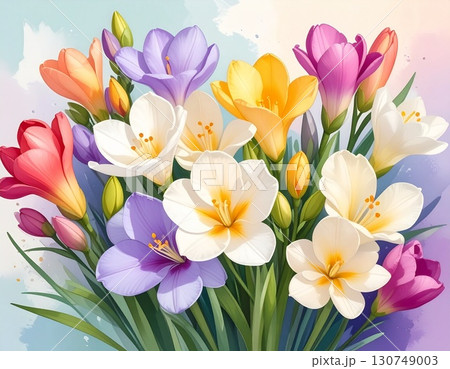 フリージアの花　シンプルなイラスト 130749003