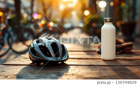 An empty table featuring a bicycle helmet, gloves, and a water bottle, with a soft bokeh effect suggesting spring biking activities 130749029