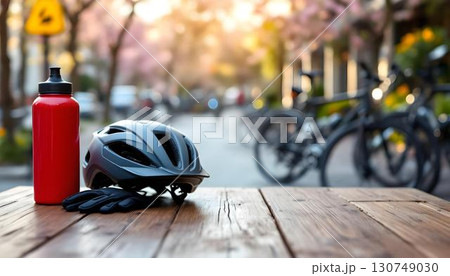 A bicycle helmet, gloves, and a water bottle on a blurred table, capturing the essence of springtime cycling and outdoor adventures 130749030
