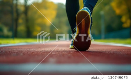 An energetic running track flanked by grass and trees, showcasing an ideal spring day for outdoor activities 130749076