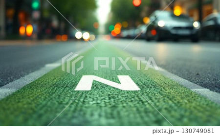 A green line on an asphalt road featuring the letter 'n', symbolizing outdoor running activities in spring 130749081