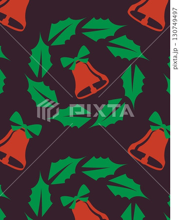 festive christmas pattern with holly leaves and bells in red green black 130749497