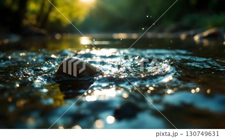 Sunlight filters through water droplets on a surface, accentuating a soothing ripple background in celebration of Earth Day 130749631