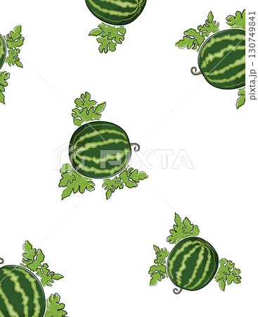 seamless pattern featuring realistic watermelons with green rinds and leafy stems on white background seamless pattern featuring realistic watermelons with green rinds and leafy stems on white background 130749841