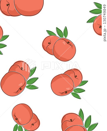 cartoon peaches with green leaves scattered on a white background 130749849