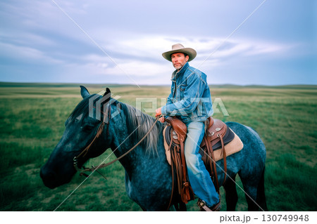 A man in a cowboy hat is sitting on a horse in a field 130749948
