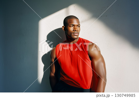 A man in a red tank top is standing in front of a white wall A man in a red tank top is standing in front of a white wall 130749985