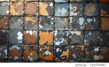 A rustic wall adorned with a mix of colorful tiles, providing a rich and textured backdrop 130750067