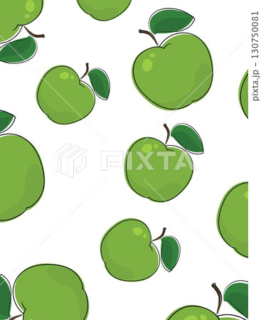 pattern of green apples with leaves on white background in a seamless design 130750081
