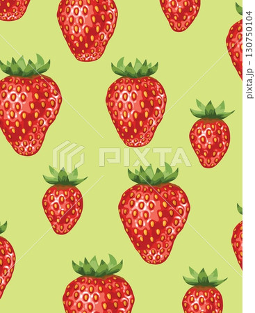 repeating pattern of ripe strawberries with green leaves on light green background 130750104