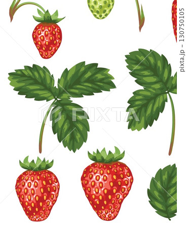 various fresh strawberries and leaves arranged in a colorful pattern 130750105