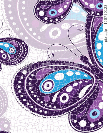 intricate purple blue butterfly pattern with geometric and floral details suitable for fabric design 130750122