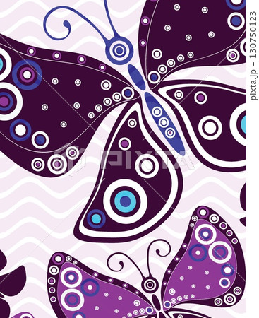 illustration of stylized purple and blue butterflies with circular patterns and abstract background 130750123