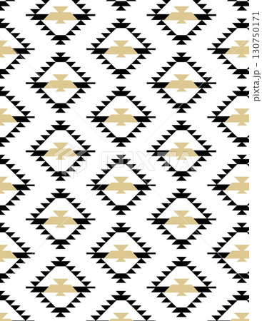 geometric tribal pattern with symmetrical diamond shapes in black, white, and beige including zigzag borders for modern decor 130750171