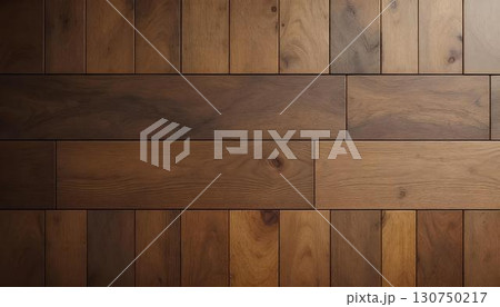 Close-up of oak wood flooring with a square tile pattern, highlighting the rich texture and natural beauty of the material 130750217