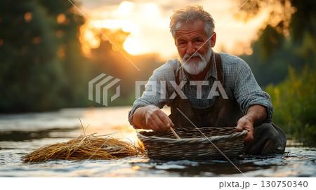 Old Man Crafting Wicker Basket by River at Sunset 130750340