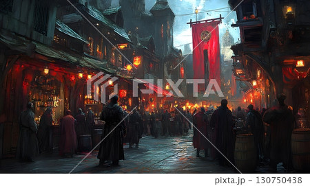 Busy Medieval Town Street at Night with Crowdsのイラスト素材 [130750438] - PIXTA