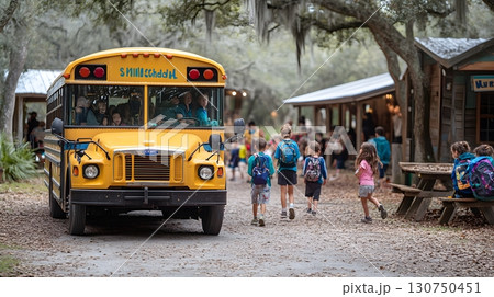 School Bus on an Outing With Children at Nature Center 130750451