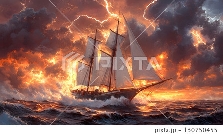 Ship Sailing During a Storm with Lightning 130750455