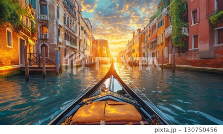 Gondola Ride at Sunset through Venetian Canal, Italy 130750456