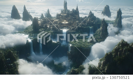 Fantasy City Above the Clouds with Waterfalls and Mountains Fantasy City Above the Clouds with Waterfalls and Mountains 130750521
