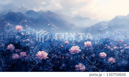 Misty Mountain Landscape with Blooming Flowers Misty Mountain Landscape with Blooming Flowers 130750608