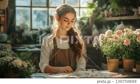 Young Florist Arranging Flowers in Her Workshop Young Florist Arranging Flowers in Her Workshop 130750609