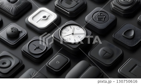 Black and White Office Icons on Table Background 130750616