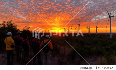 Group Watching Wind Farm Sunset 130750632