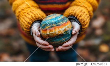 Child holding colorful planet ball in hands 130750644