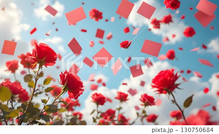 Red roses and colorful paper float in the air, creating a festive backdrop for Mother's Day celebrations Red roses and colorful paper float in the air, creating a festive backdrop for Mother's Day celebrations 130750684
