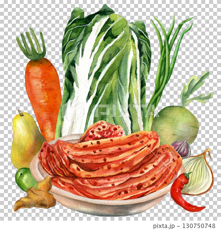 Vegetables for kimchi watercolor composition on transparent background. Chinese cabbage, onion, ginger, carrot, daikon and pepper. For kimchi design, recipes and cards  130750748