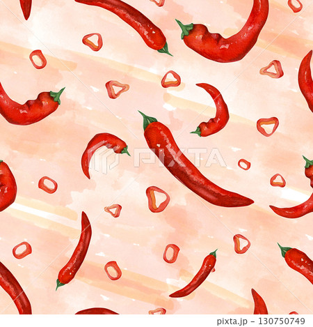 Red hot pepper. Seamless pattern of watercolor illustrations on a background of watercolor spots. For design of postcards, recipes, printing, wallpaper  130750749