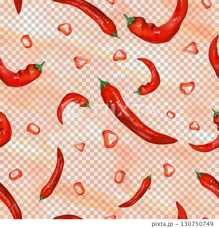 Red hot pepper. Seamless pattern of watercolor illustrations on a background of watercolor spots. For design of postcards, recipes, printing, wallpaper  130750749