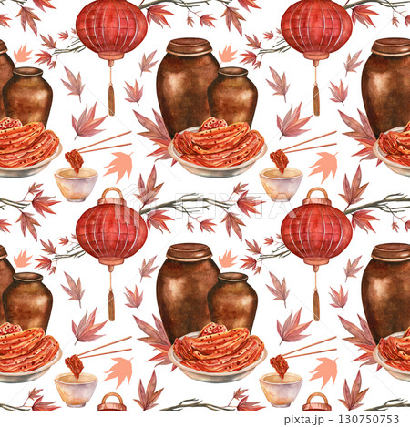 Kimchi. Korean vats, maple, lanterns for Kimchi Day celebration. Hand drawn watercolor illustrations. Seamless pattern on transparent background  130750753