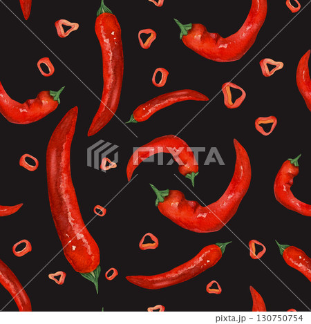 Red hot pepper kochukaru, chili. Seamless pattern of watercolor illustrations on a dark background. For design of postcards, recipes, printing, wallpaper 130750754