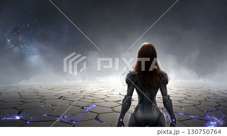 宇宙を背景に地平線を見つめる未来的な女性キャラクター 130750764