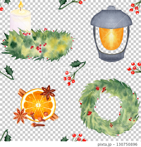 Wreaths, orange with spices, lantern, candle, holly, watercolor seamless pattern isolated on white. Perfect for Christmas, textile, stationary, scrapbooking, wrapping paper, festive seasonal design Wreaths, orange with spices, lantern, candle, holly, watercolor seamless pattern isolated on white. Perfect for Christmas, textile, stationary, scrapbooking, wrapping paper, festive seasonal design 130750896