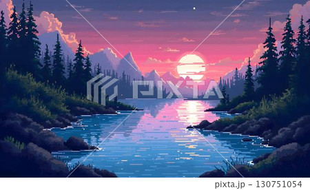 Sunset over a river and mountains in pixel art style, creating a retro landscape for a game background Sunset over a river and mountains in pixel art style, creating a retro landscape for a game background 130751054