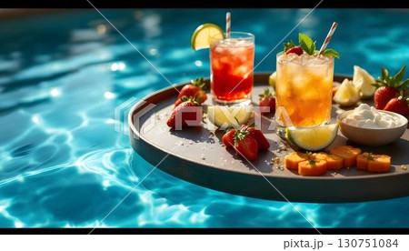 A tray adorned with drinks and fruit sits on a table next to a swimming pool, capturing the essence of summer fun 130751084