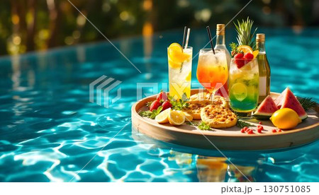 A summer pool party scene featuring a floating tray with refreshing drinks and fruit on a table by the water 130751085