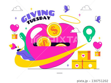 Happy Giving Tuesday Celebration Vector Illustration featuring Love, Gift Giving, and Encouraging People to Donate in a Flat Style Cartoon Background 130751202