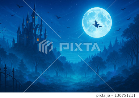 青い月夜に舞う魔女と森の古城の幻想風景 130751211