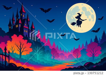 カラフルな森と満月に飛ぶ魔女のハロウィンイラスト 130751212