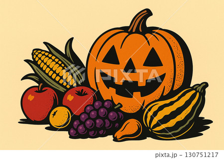 背景なしジャックオーランタンと秋の収穫ポップイラスト 130751217
