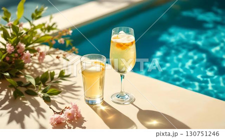 Two colorful Pimm's Cup drinks on a table by the pool, perfect for a summer party atmosphere Two colorful Pimm's Cup drinks on a table by the pool, perfect for a summer party atmosphere 130751246